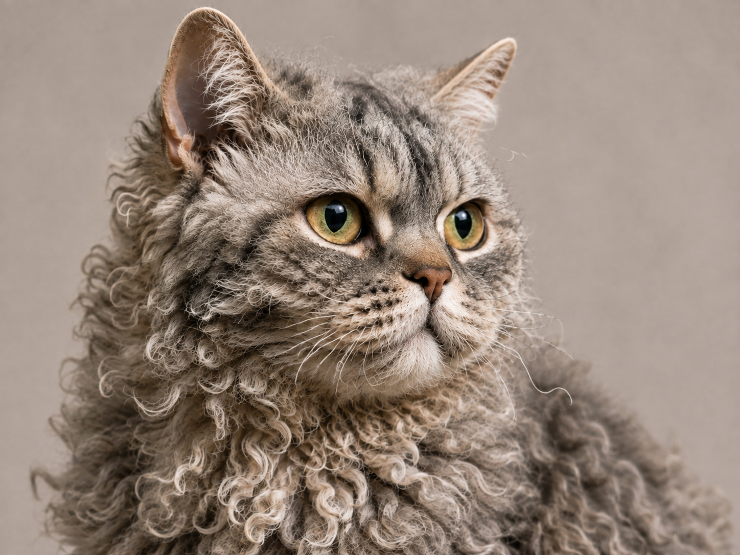 Close-up of a silver tabby Selkirk Rex cat showing loose curly coat, plush ruff, and round full-cheeked face with green-gold eyes.