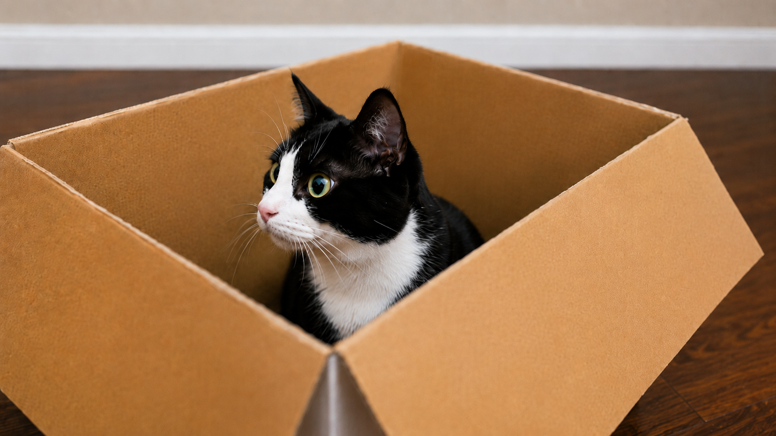 Tuxedo cat sitting in an open cardboard box on a hardwood floor.