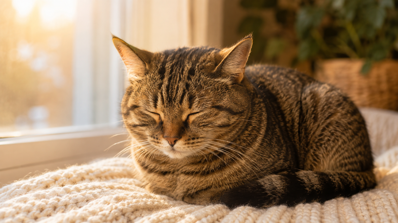 Brown tabby cat sleeping peacefully in the classic loaf position on a cream knit blanket by a sunlit window