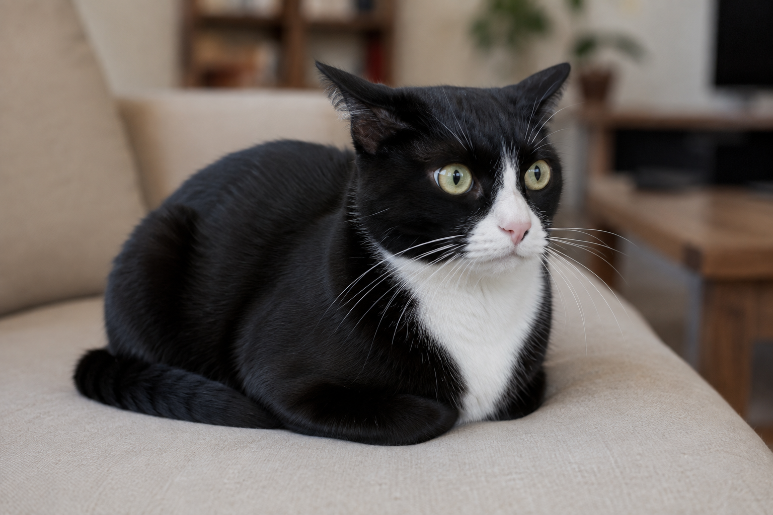 Black and white tuxedo cat in an alert loaf position with wide eyes, forward whiskers, and ears rotated to monitor surroundings
