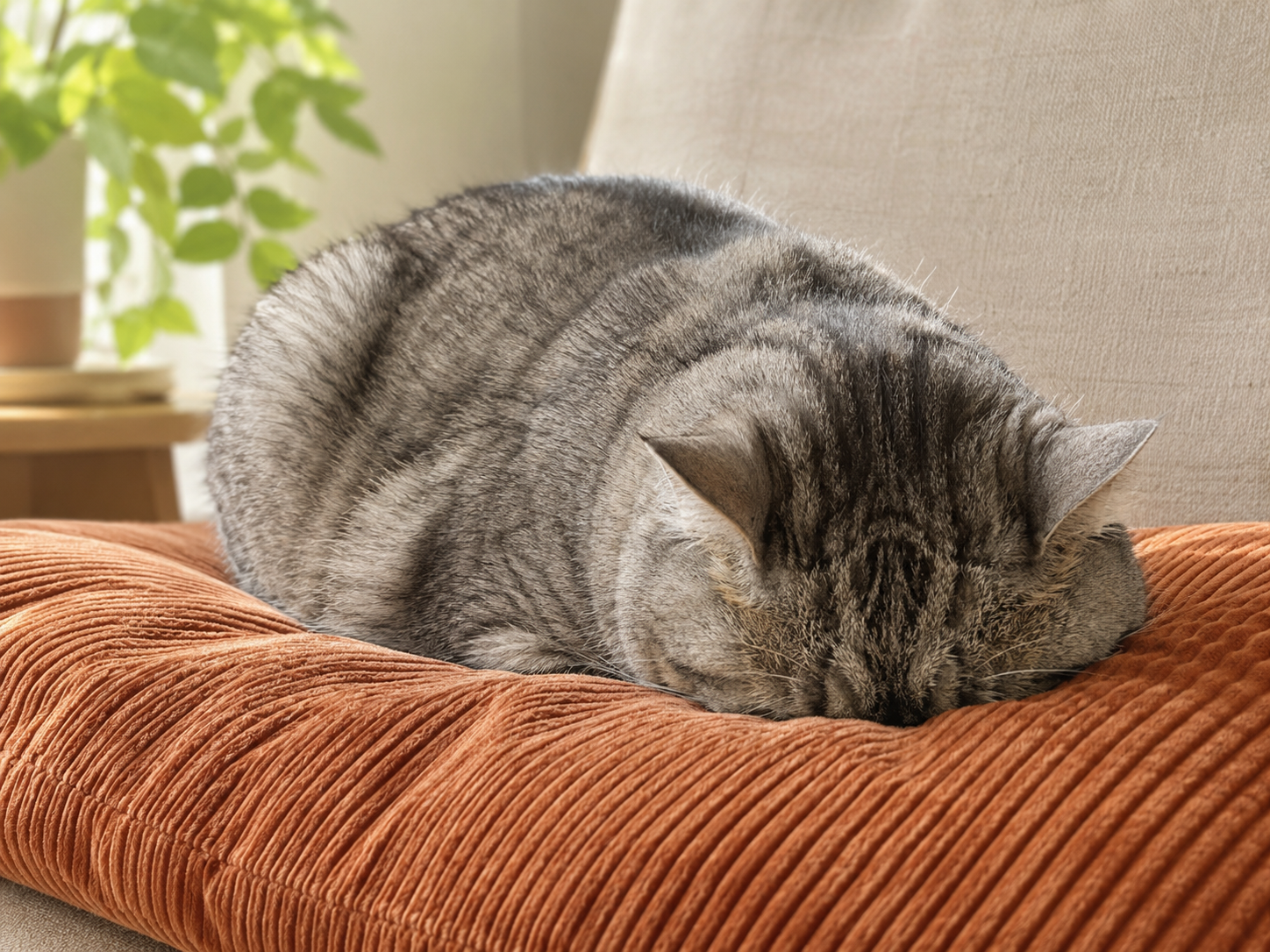Gray tabby cat in the face loaf position with face pressed into a rust corduroy cushion, deeply asleep