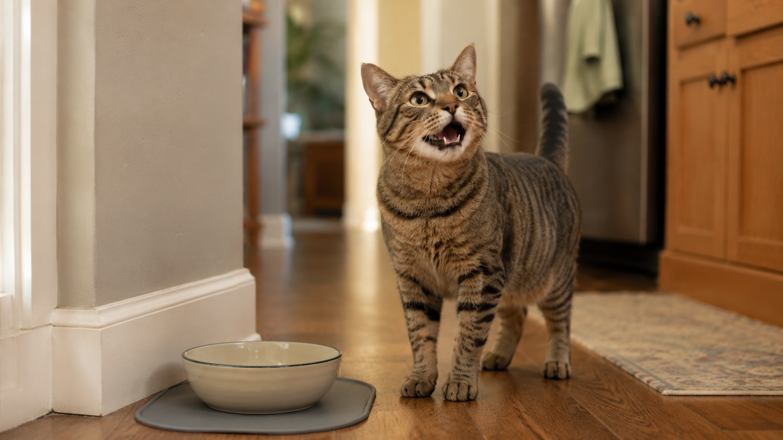 Tabby cat meowing beside an empty food bowl on a kitchen floor.