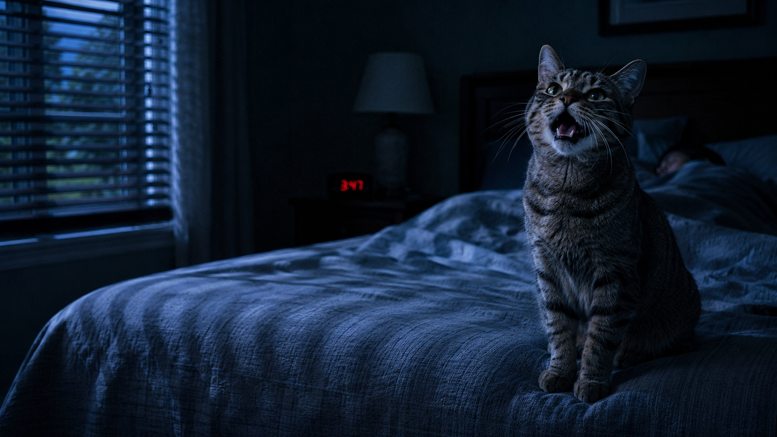 Tabby cat meowing on a bed at night beside a glowing 3:47 alarm clock