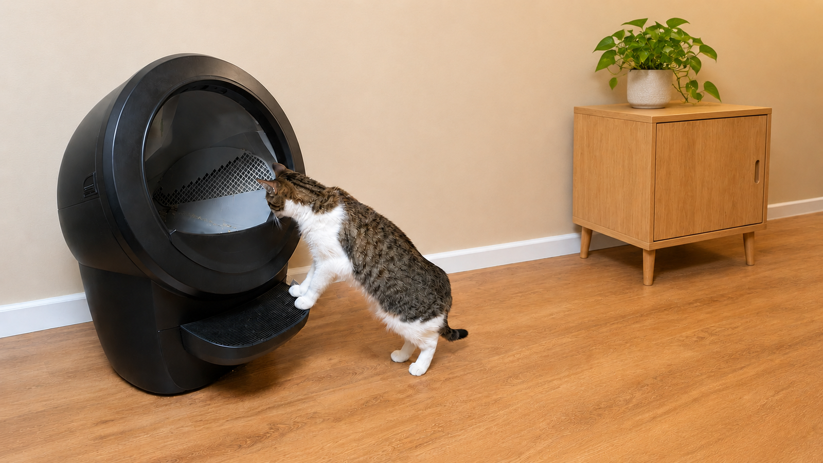 Tabby-and-white cat standing on its hind legs and peering into a black automatic litter box in a bright room with wood flooring.