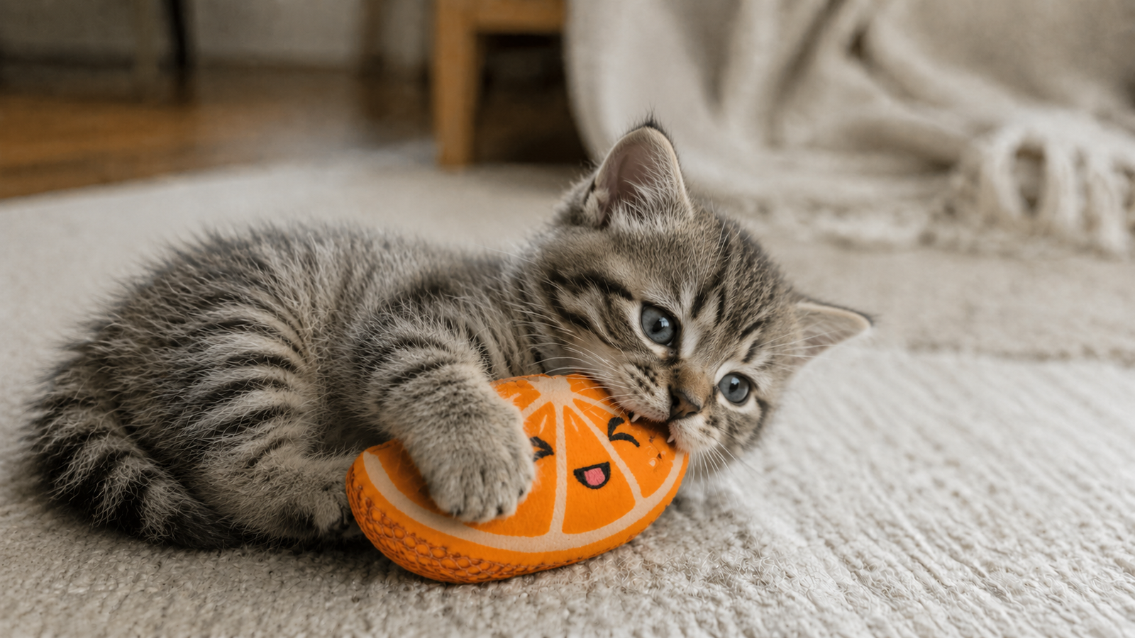 Young gray tabby kitten chewing on a small orange kitten teething toy while lying on a cream rug