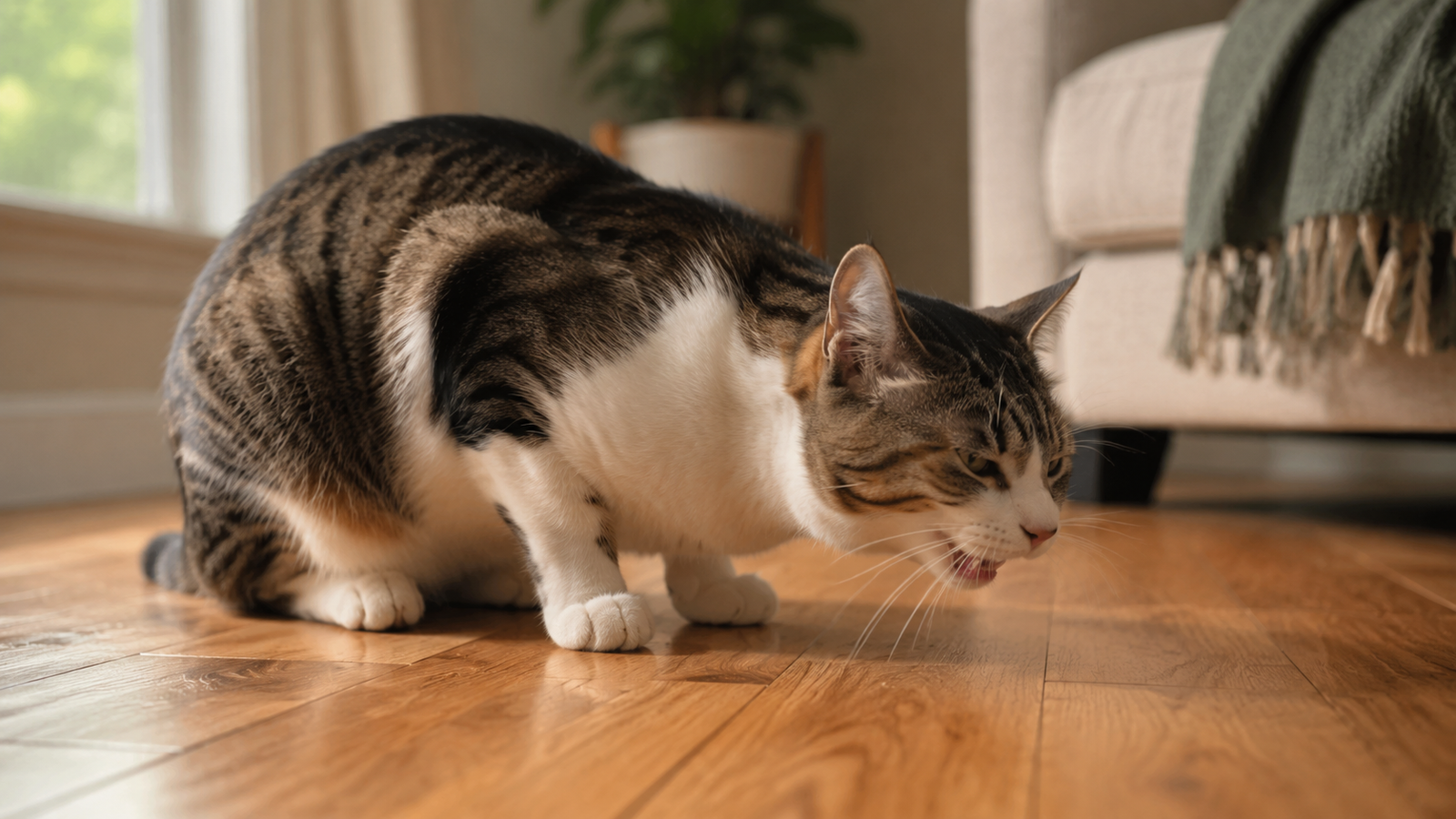 Brown tabby and white cat crouched low on a hardwood floor as if about to vomit white foam.