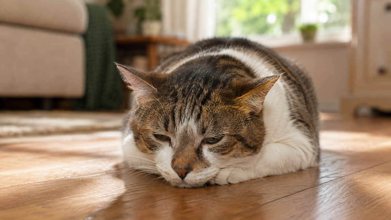 Tabby and white cat lying flat on the floor, head down and eyes half-closed, looking lethargic and unwell
