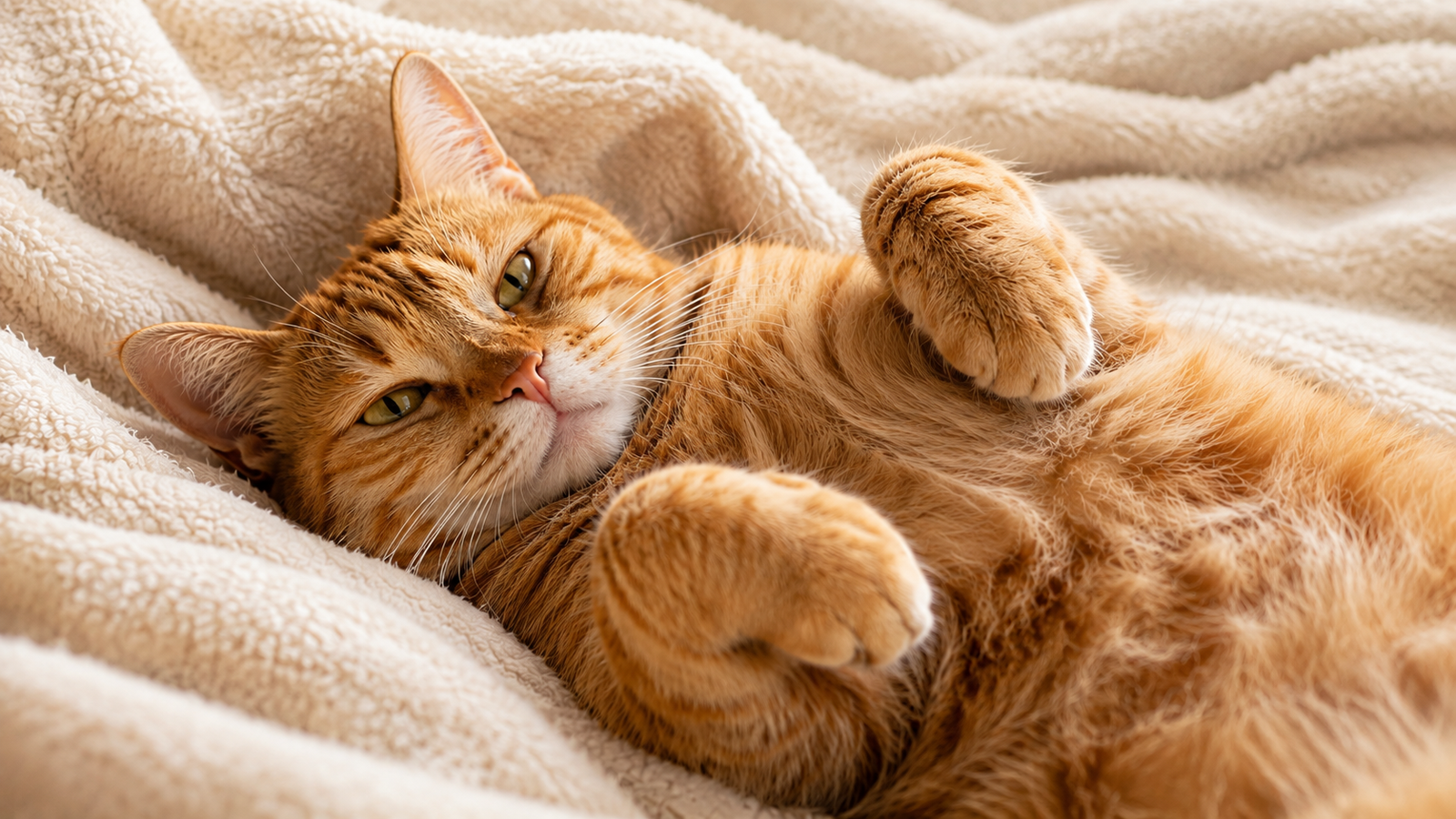 A ginger male cat lying on his back on a soft cream blanket with his belly exposed