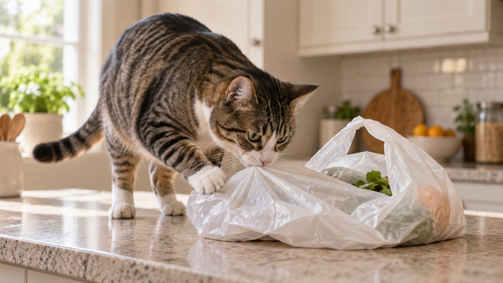 Tabby cat chewing the edge of a plastic grocery bag on a kitchen counter