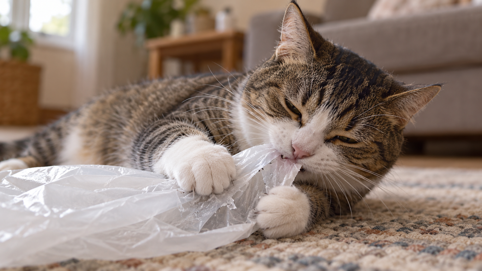 Tabby cat lying on a rug and chewing a piece of plastic held between its front paws