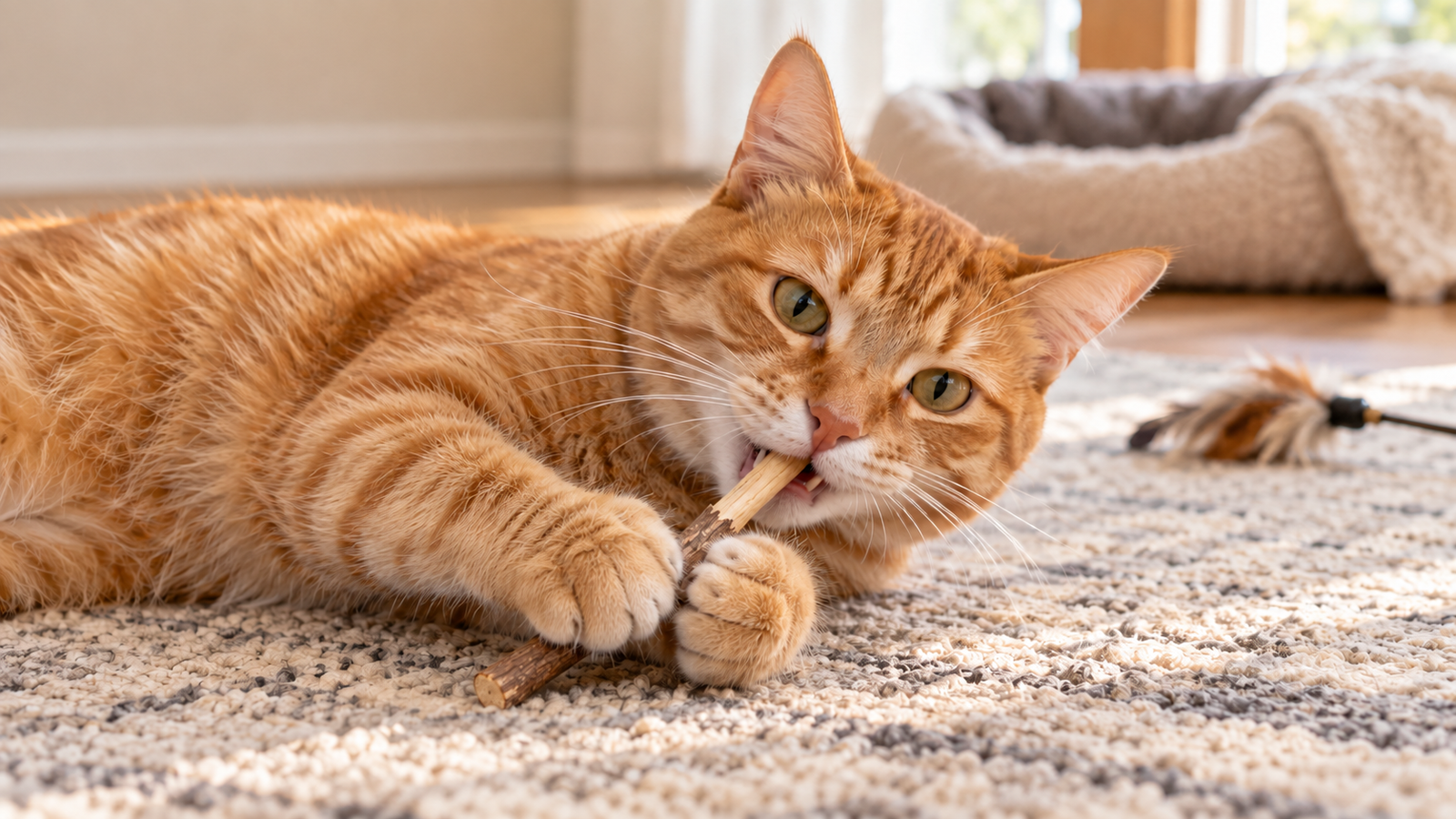 Orange tabby cat chewing a silvervine stick held between its front paws