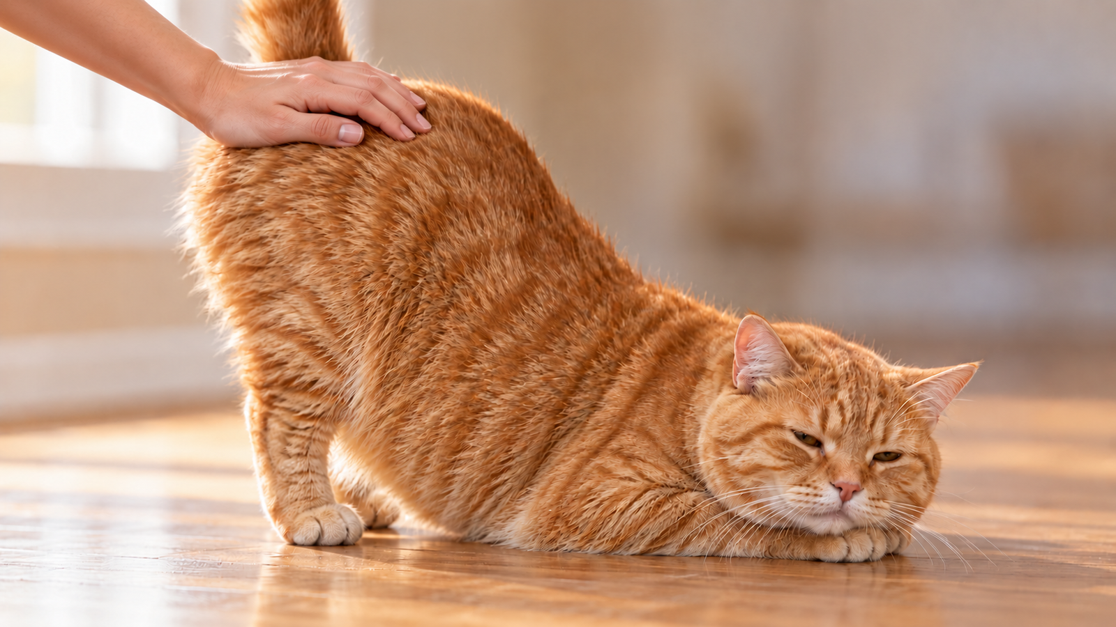 Orange tabby cat raising its rear while being patted at the base of the tail