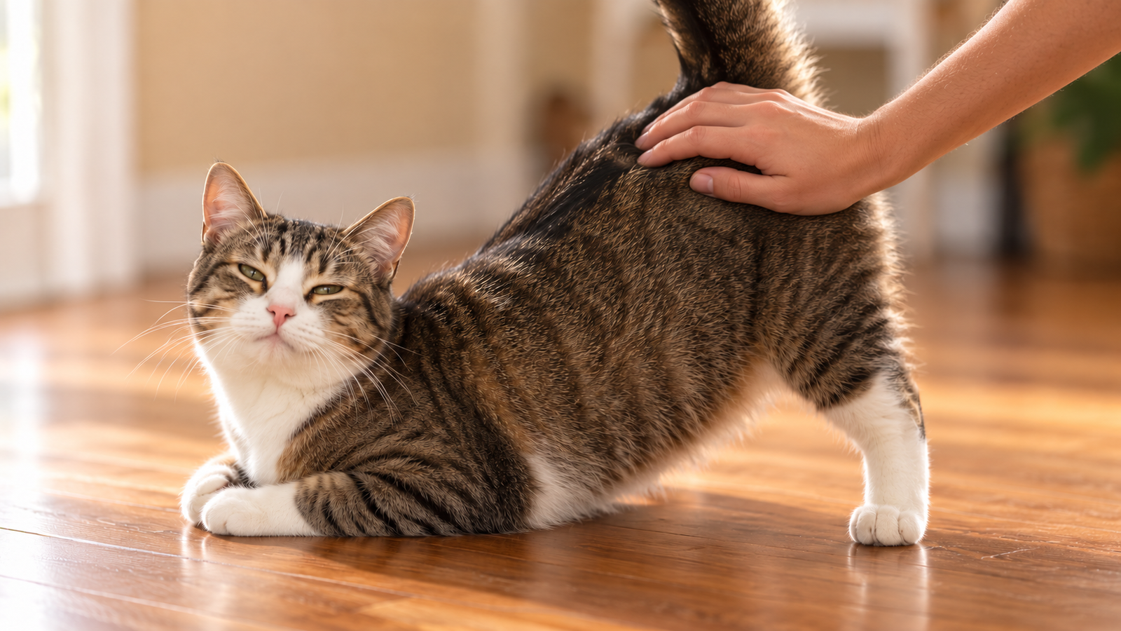 Tabby cat being patted at the base of the tail on a hardwood floor