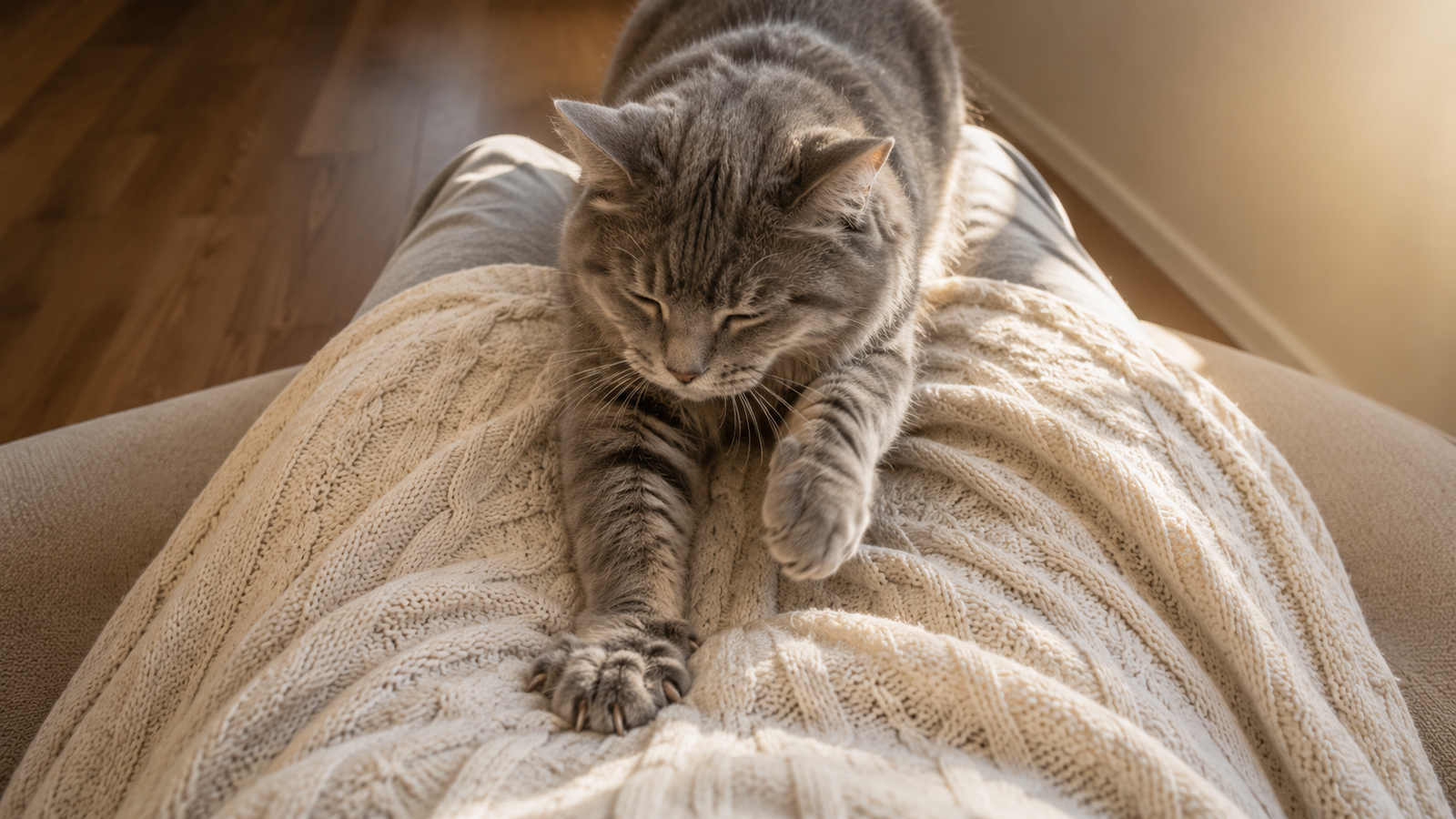 Gray tabby cat kneading a cream cable-knit blanket on a person's lap in warm afternoon light.