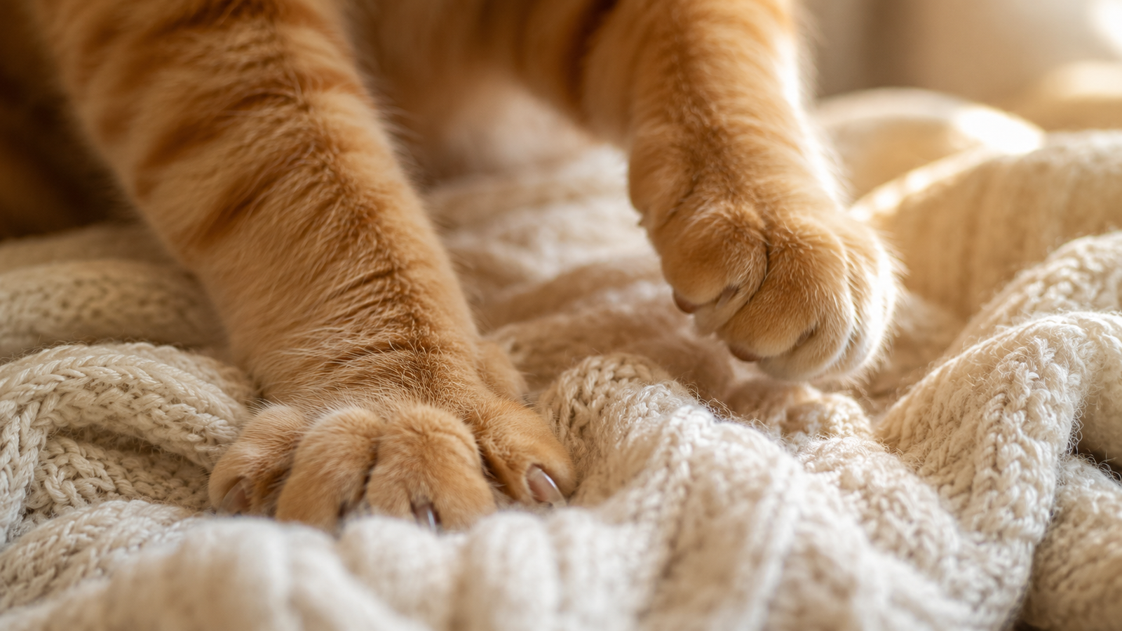 Close-up of orange tabby cat kneading a cream knit blanket with front paws