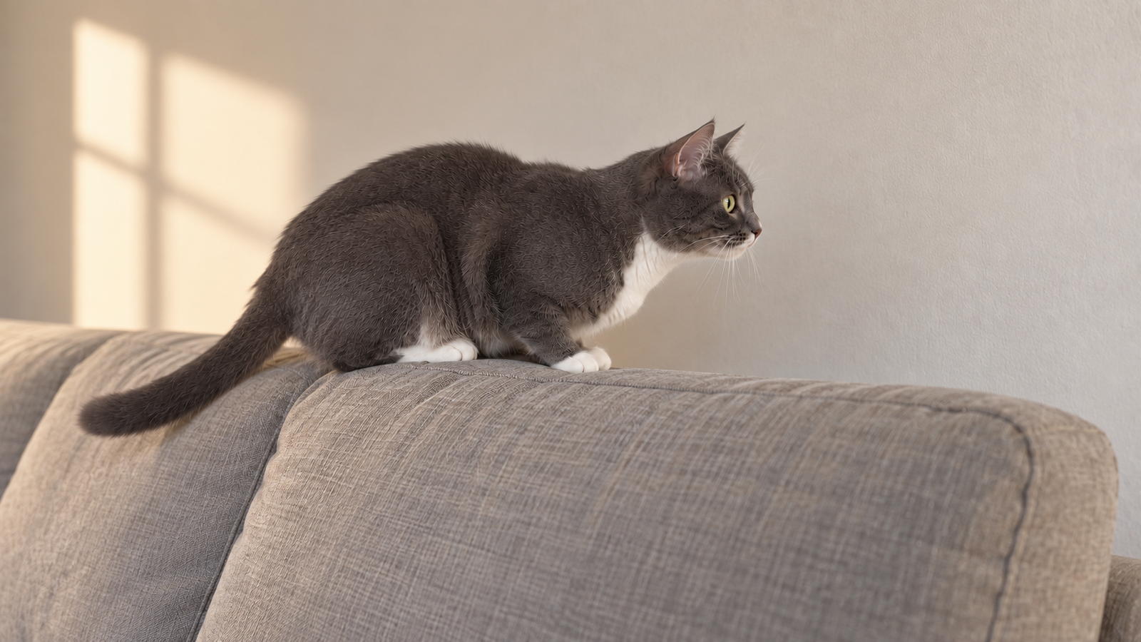 Grey-and-white cat perched on the back of a couch, staring intently off-frame.